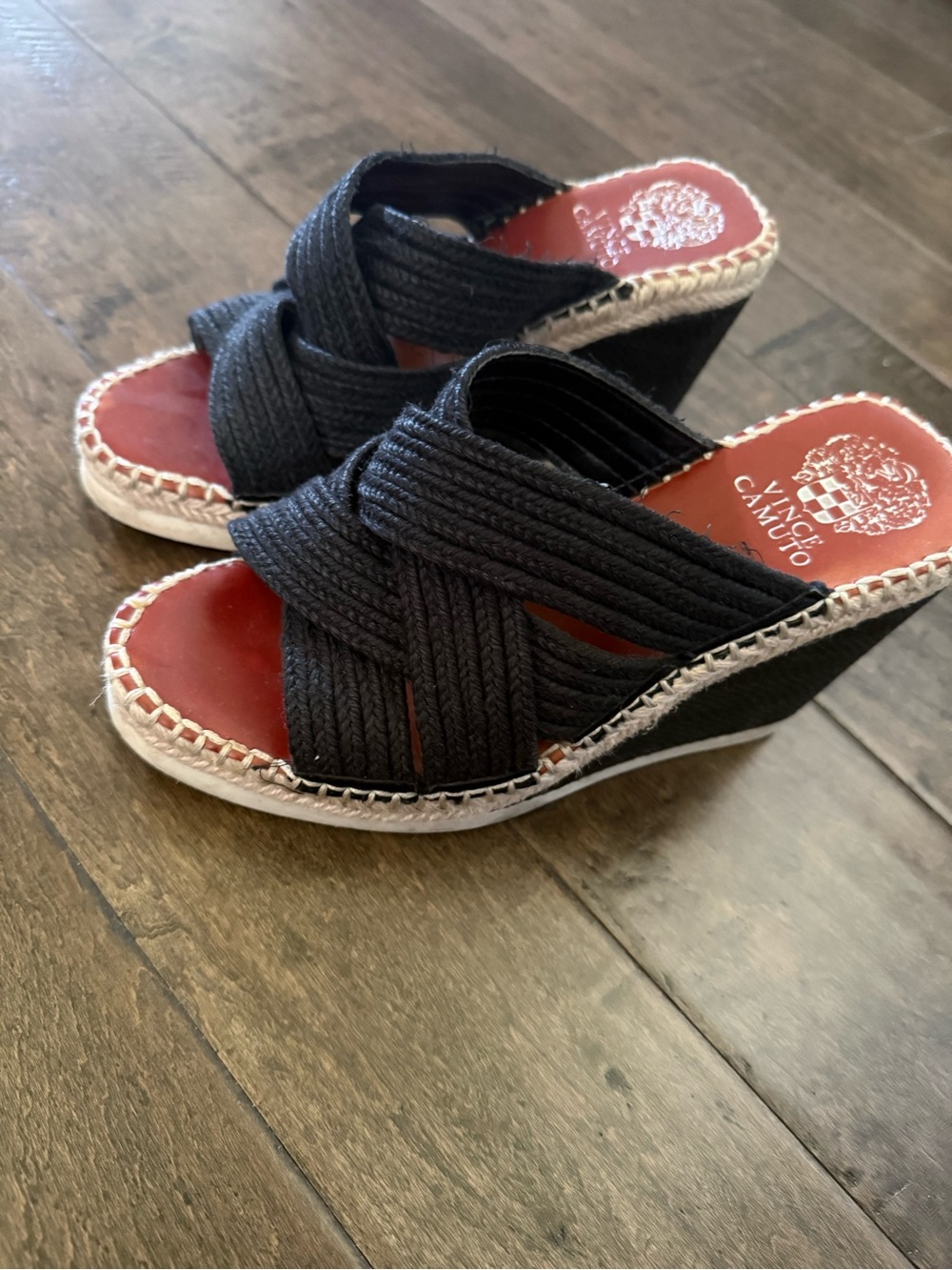 Vince Camuto Black Woven Espadrille Wedge Slides with Red Insole